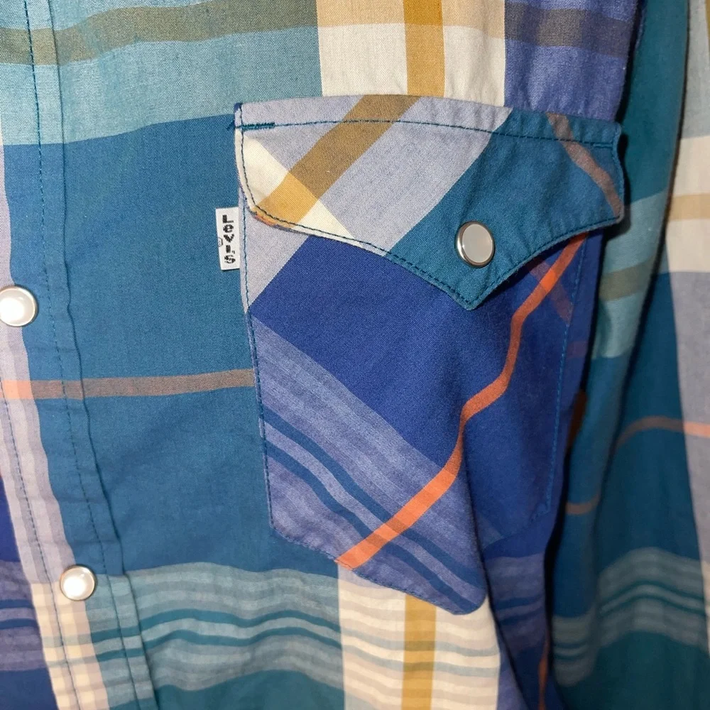 LEVIS Plaid WESTERN Shirt Mens Large L‎ Pearl Snaps Long Sleeve Blue